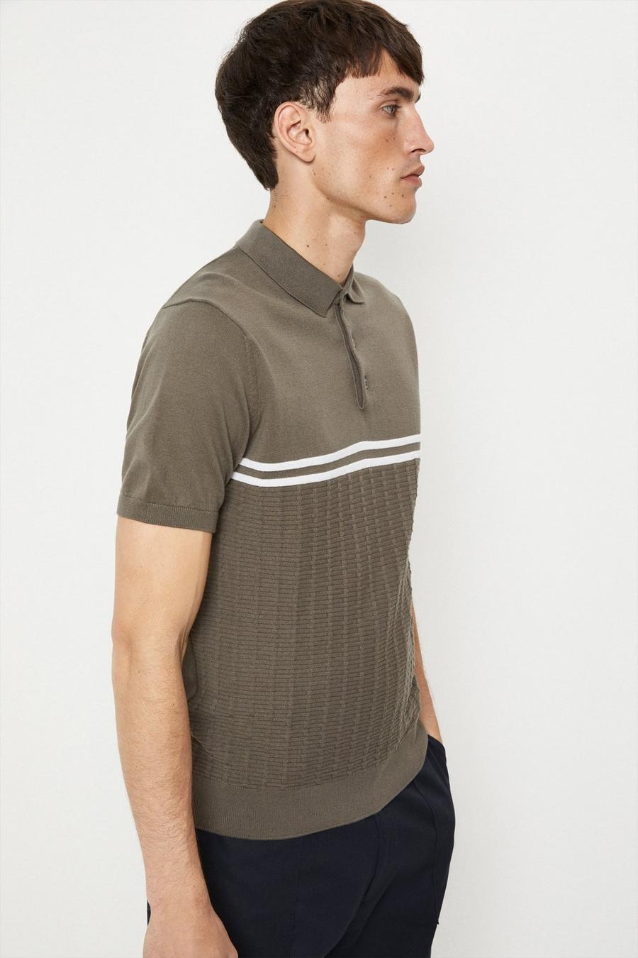 Brown Chest Stripe Texture Knitted Polo Shirt