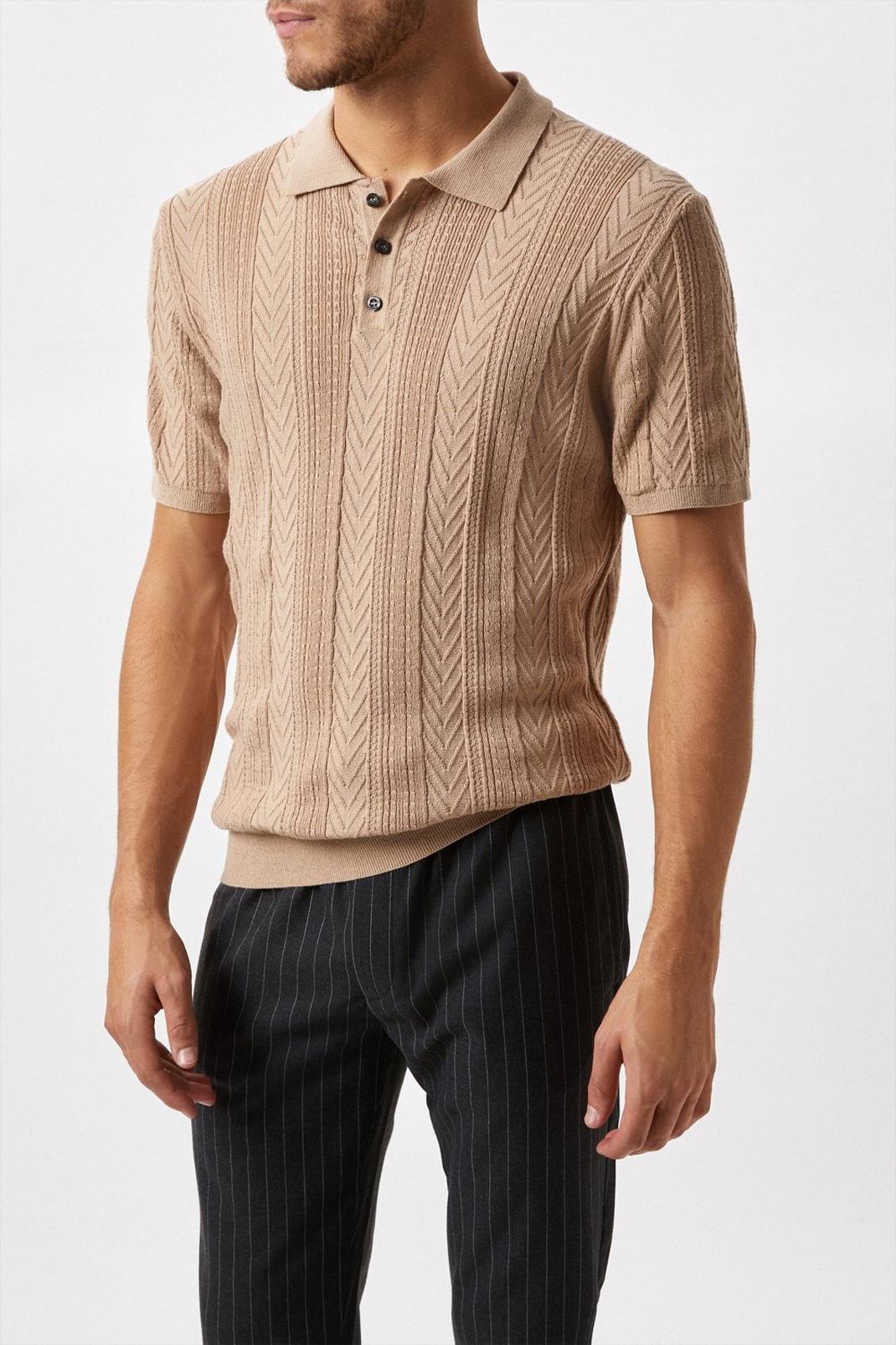 Regular Fit Brown Cable Knit Polo  image number 1