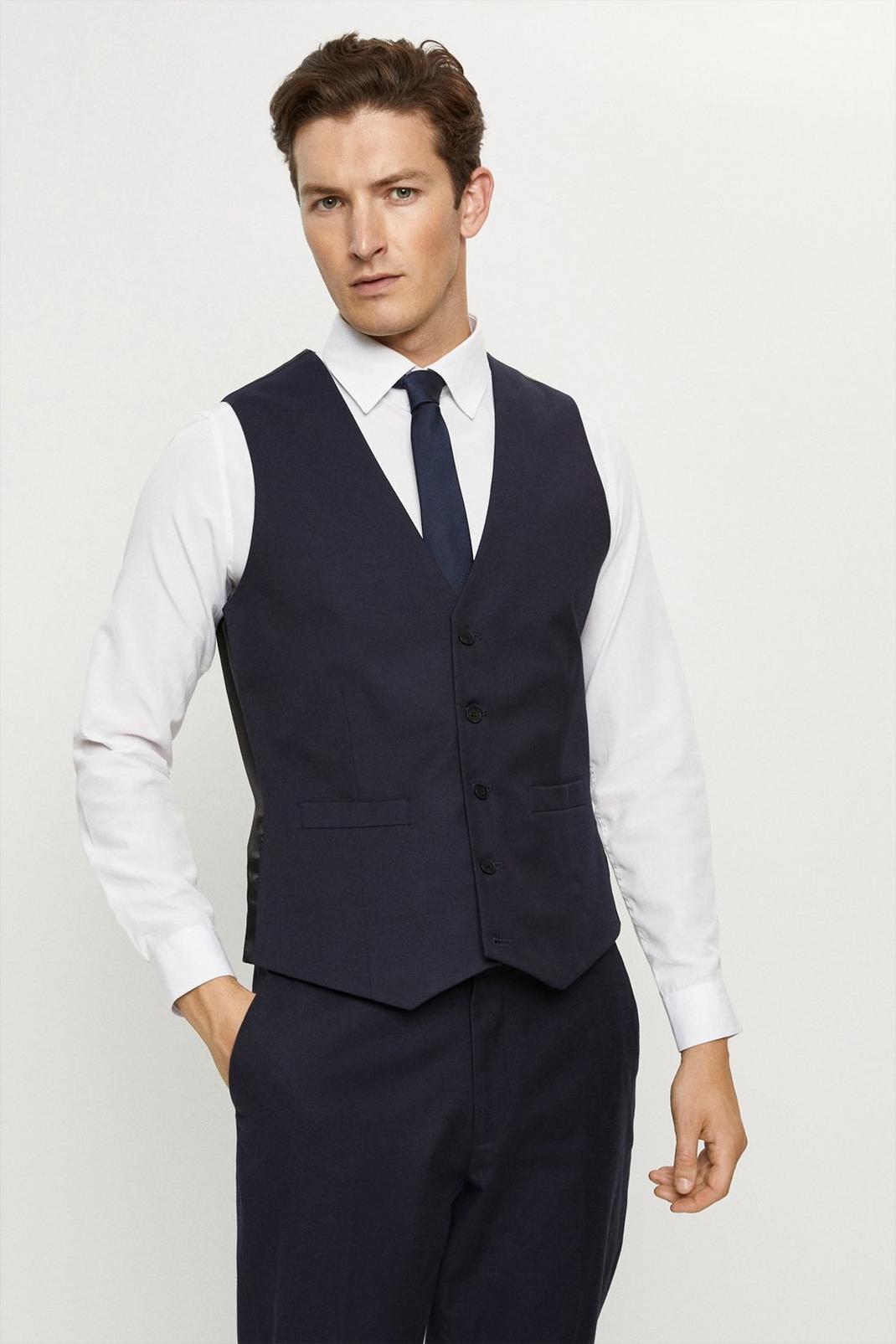 Slim Fit Navy Cotton Stretch Waistcoat image number 1
