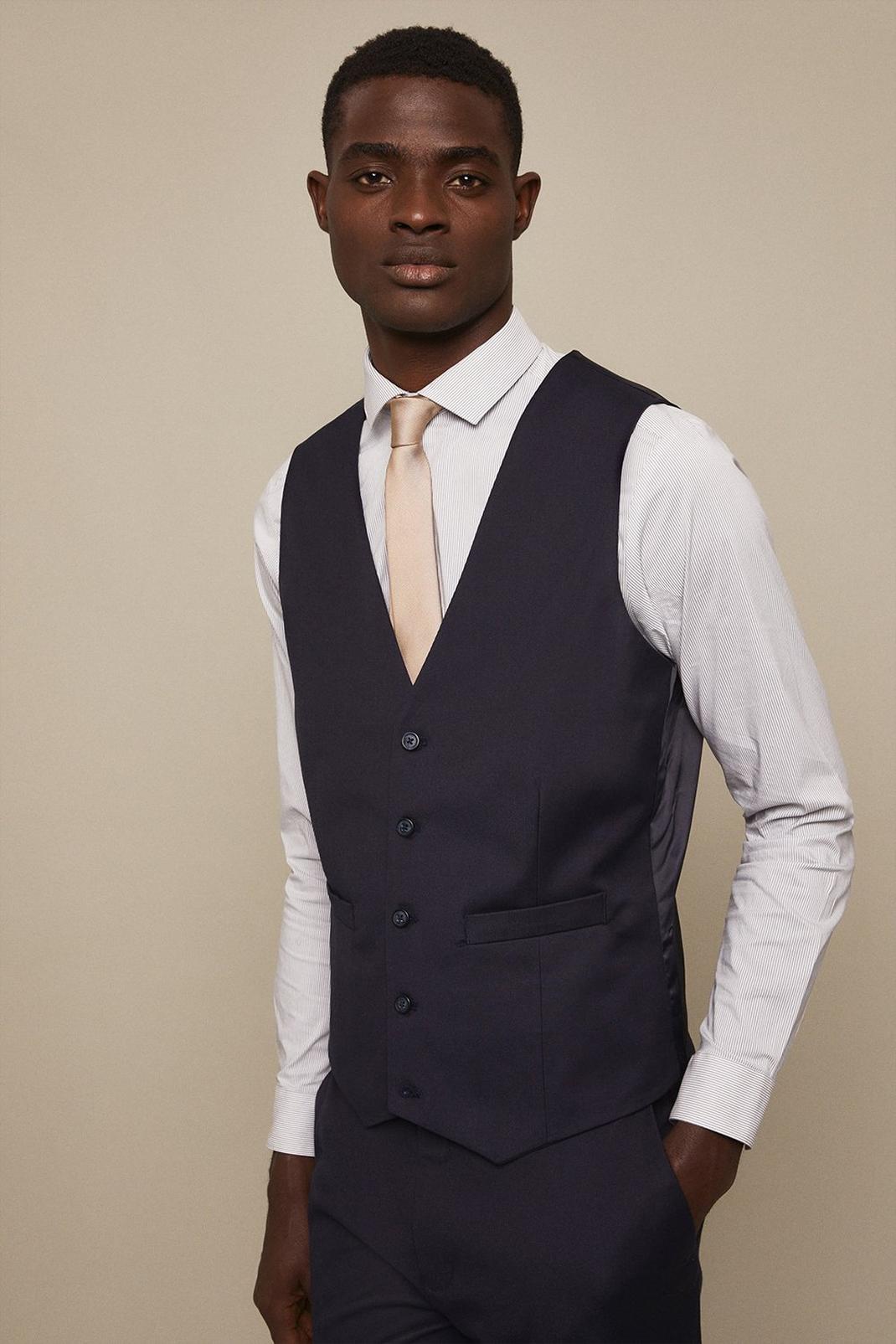 Tailored Fit Navy Cotton Stretch Waistcoat image number 1