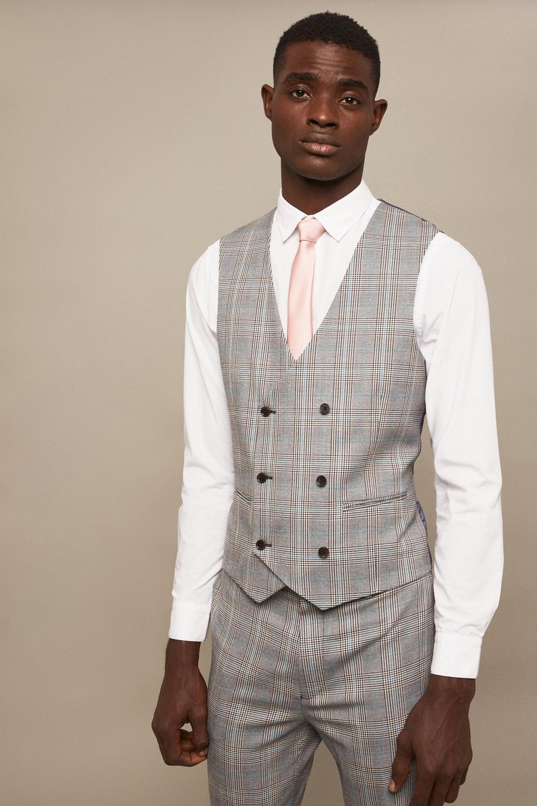 Slim Fit Grey Highlight Check Suit Waistcoat image number 1