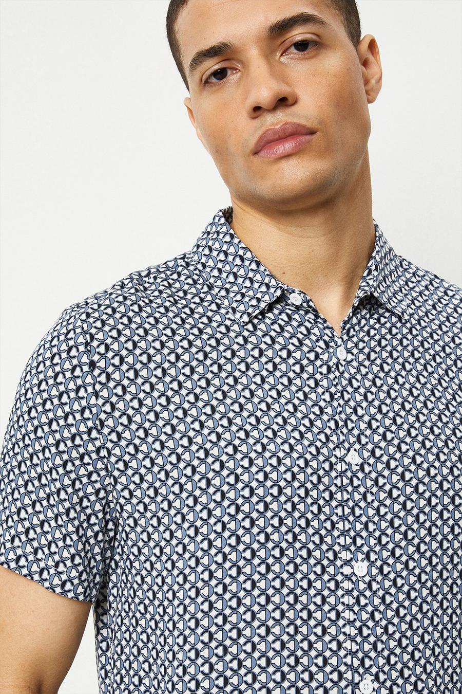 Regular Fit Blue Geo Print Short Sleeve Shirt