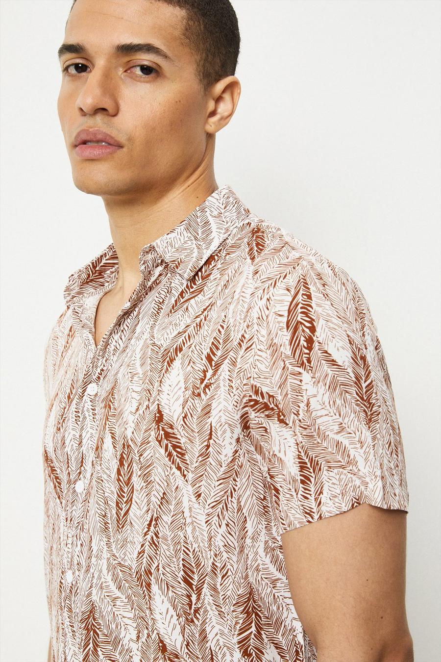 Tan Feather Print Short Sleeve Shirt