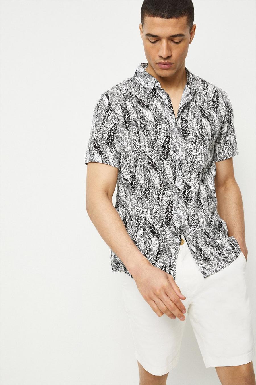 Regular Fit White Feather Print Short Sleeve Shirt