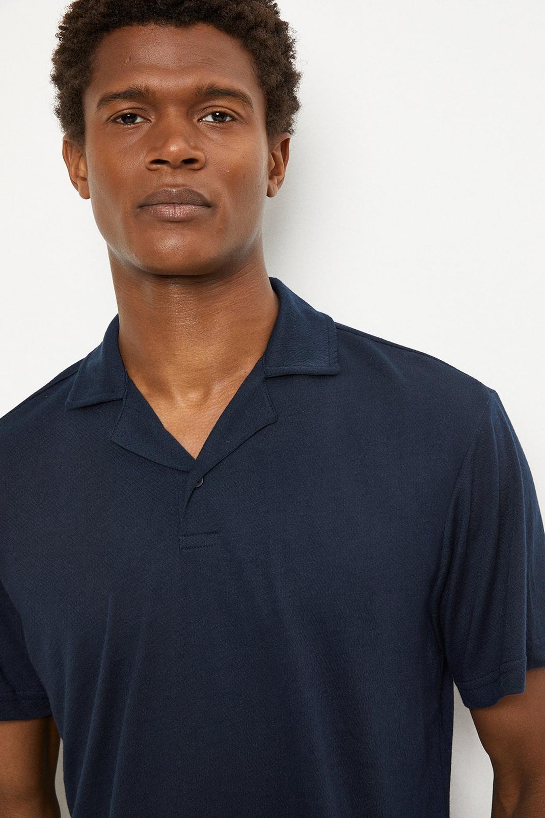 Navy Textured One Button Collar Polo image number 1