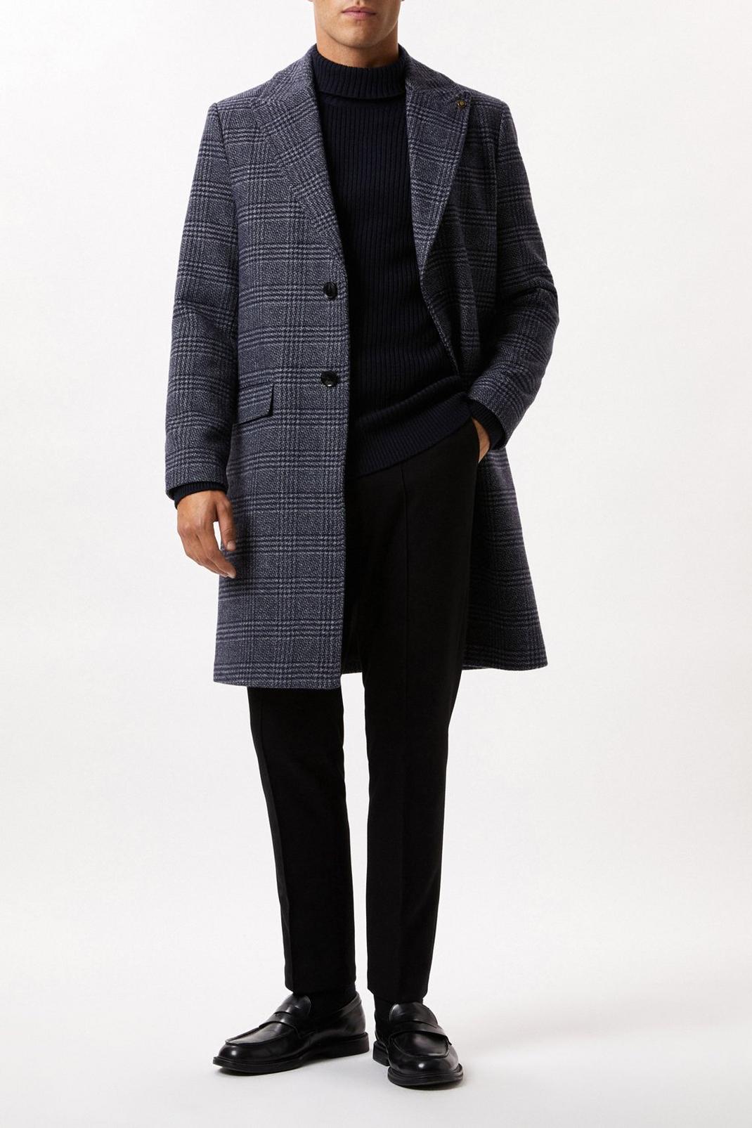 Navy Wool Blend Checked Overcoat image number 1