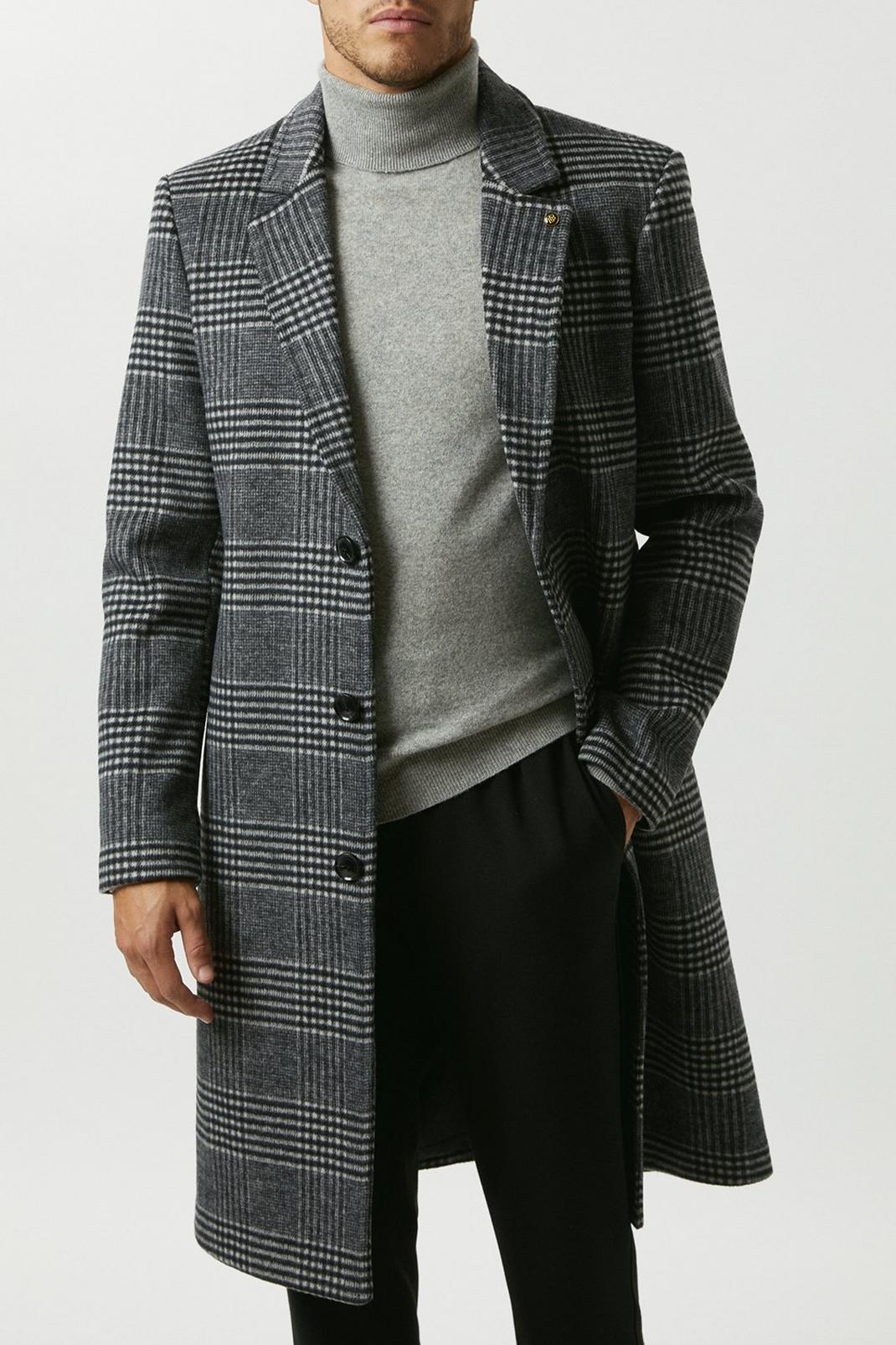 Black Mono Check Wool Blend 3 Button Overcoat image number 1