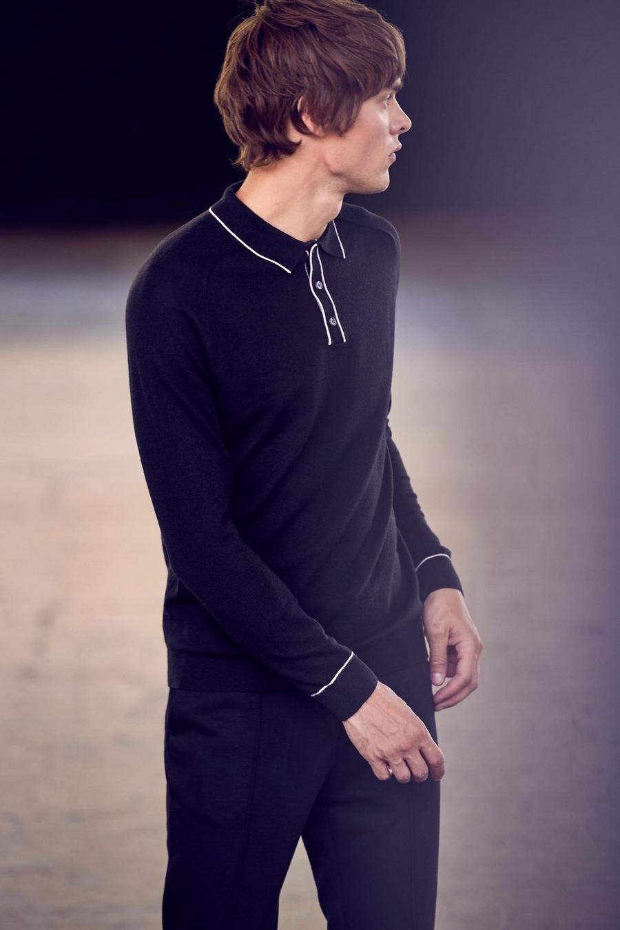 Super Soft Black Tipped Placket Knitted Polo Shirt