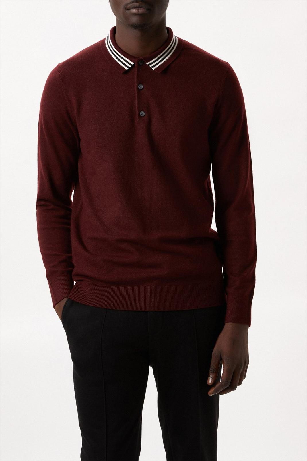 Super Soft Burgundy Collar Detail Knitted Polo Shirt image number 1