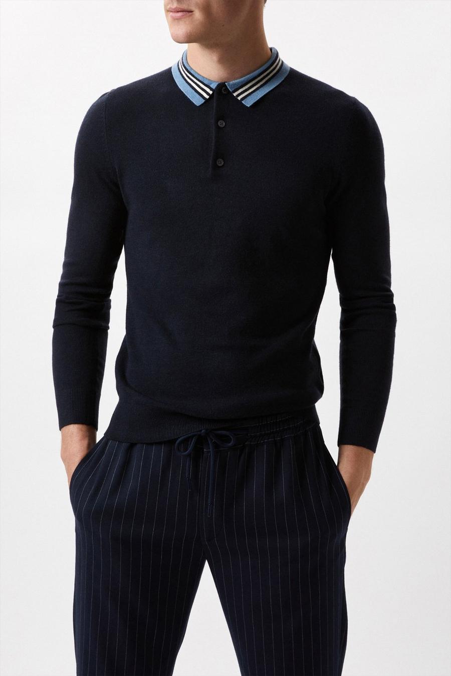 Super Soft Navy Collar Detail Knitted Polo Shirt