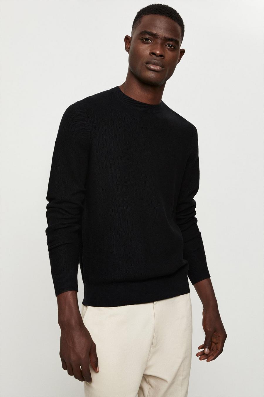 Pure Cotton Black Waffle Knitted Crew Neck Jumper