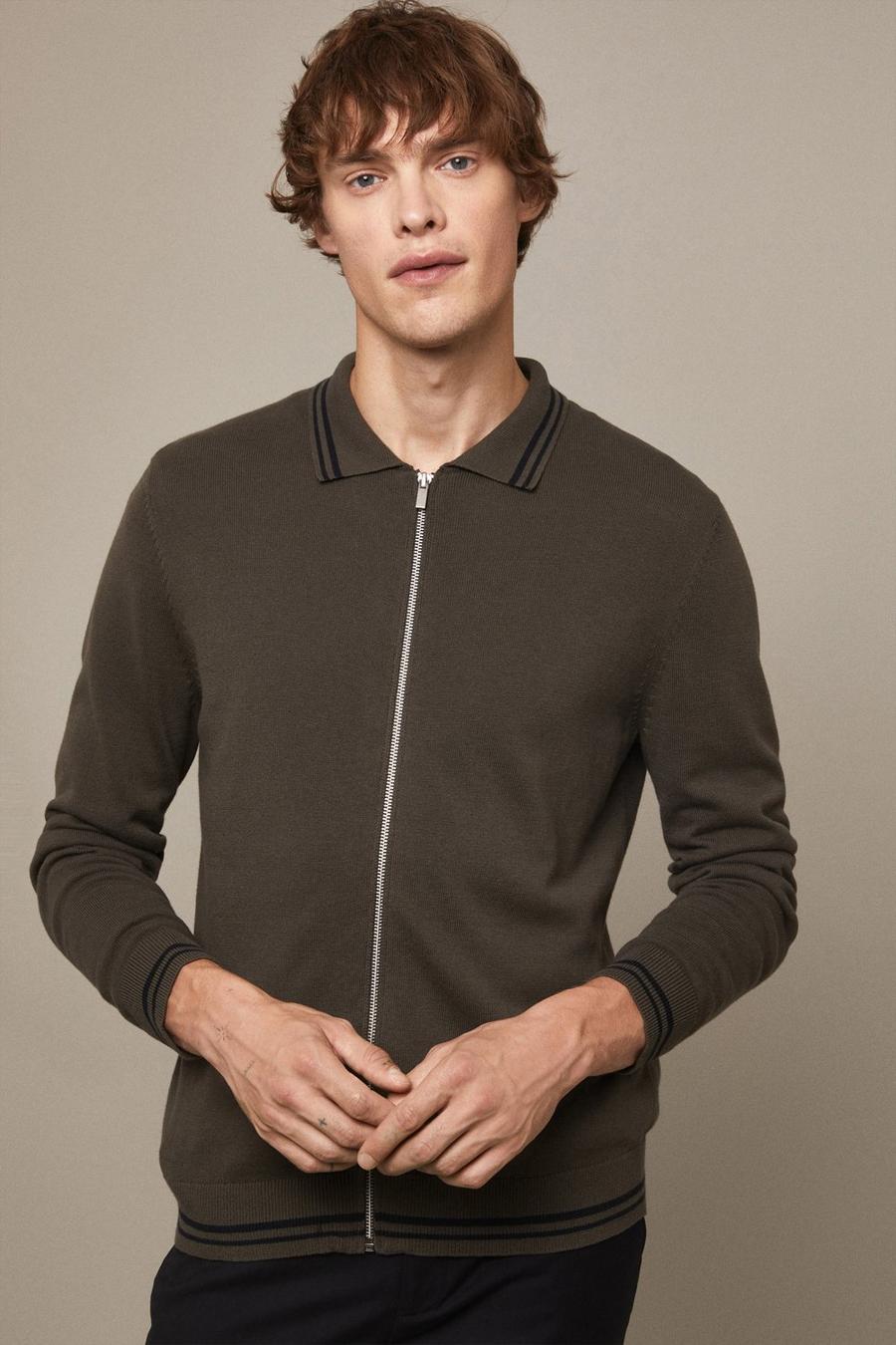 Pure Cotton Khaki Long Sleeve Zip Knitted Polo Shirt