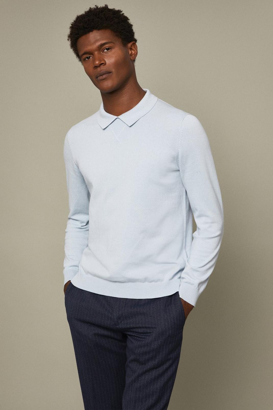 Pure Cotton Light Blue Collared Crew Neck Jumper image number 1