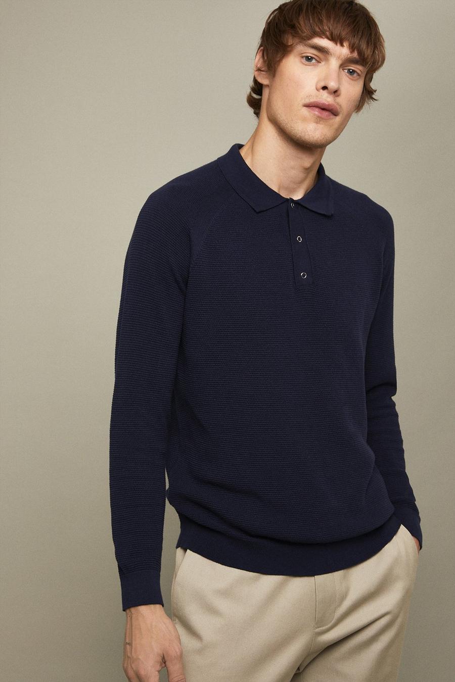 Pure Cotton Navy Textured Long Sleeve Snap Knitted Polo Shirt