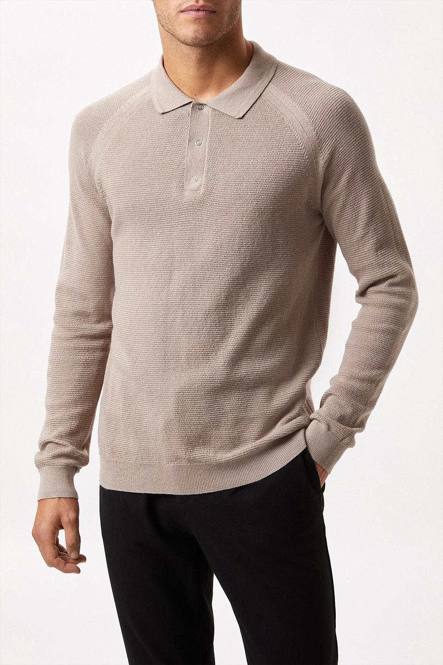 Pure Cotton Stone Textured Long Sleeve Snap Knitted Polo Shirt
