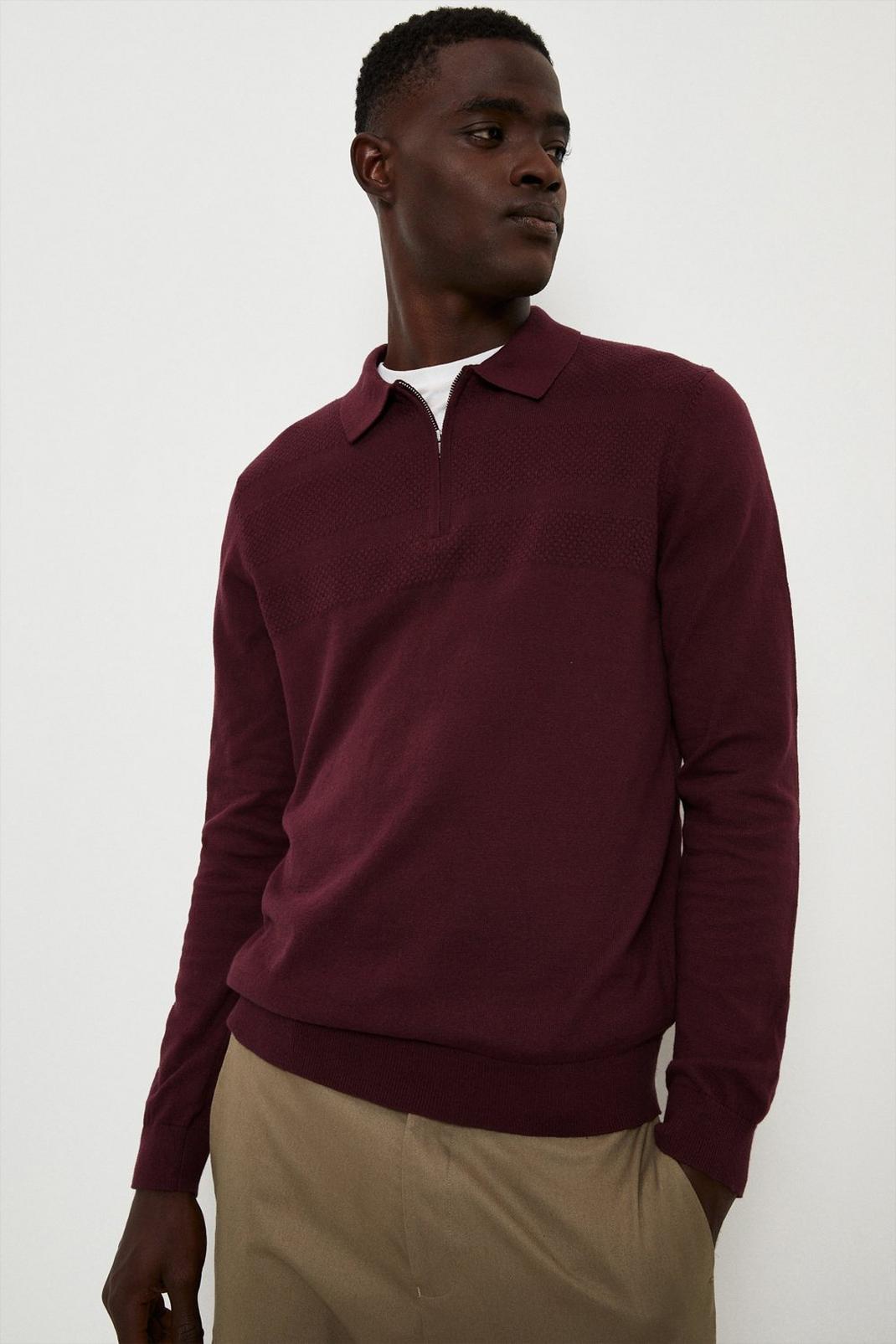Pure Cotton Burgundy Textured Panel Zip Up Knitted Polo Shirt image number 1