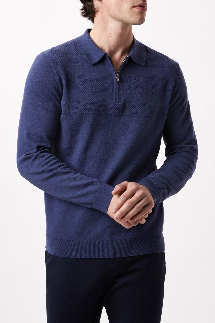 Blue Textured Panel Knitted Polo Shirt