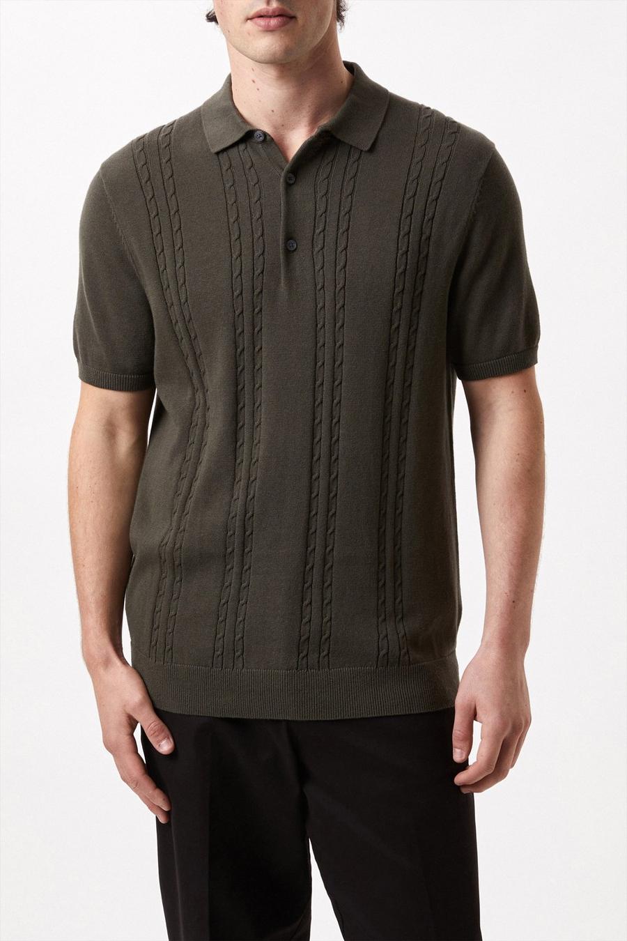 Khaki Short Sleeve Cable Knitted Polo Shirt