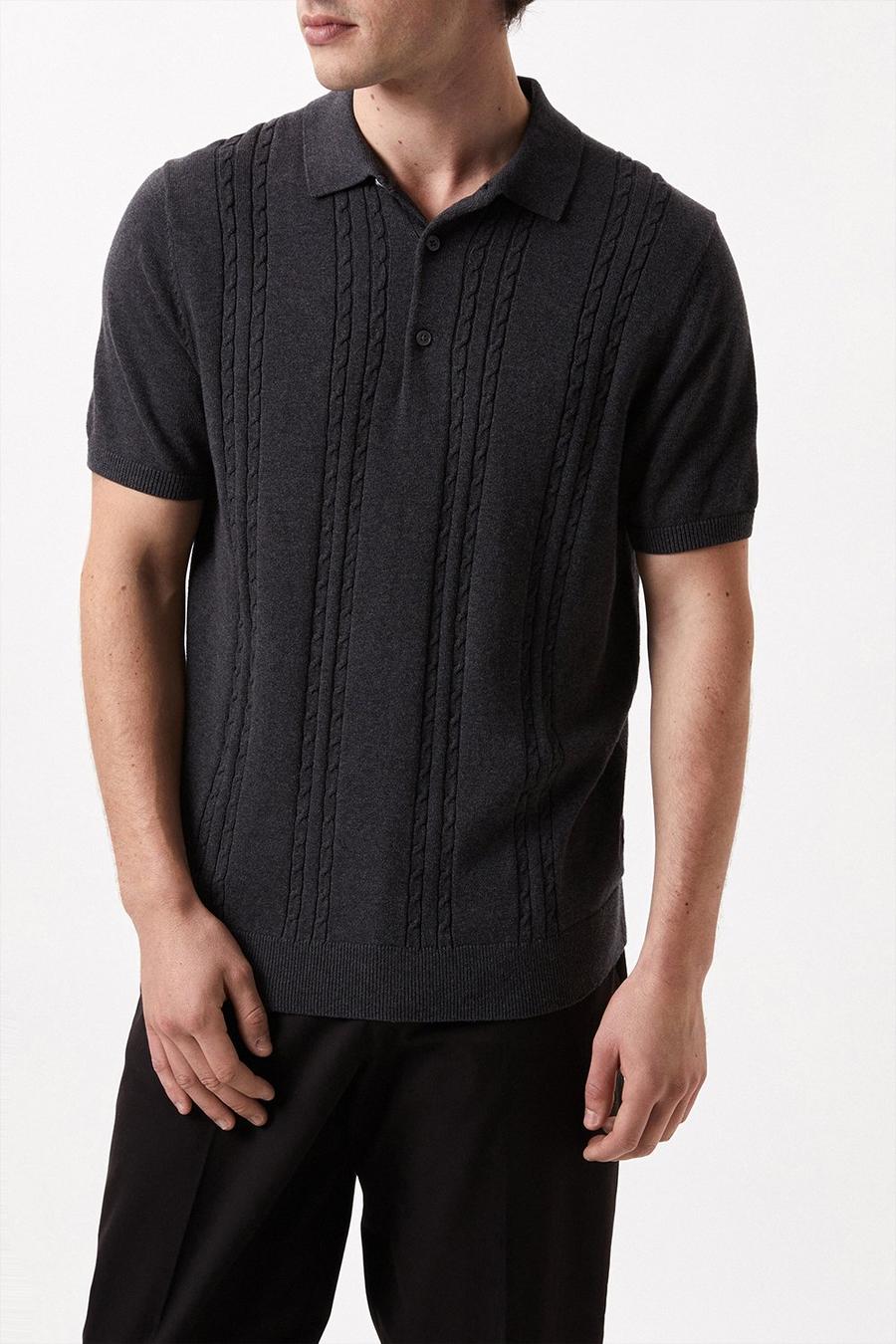 Pure Cotton Charcoal Short Sleeve Cable Knitted Polo Shirt