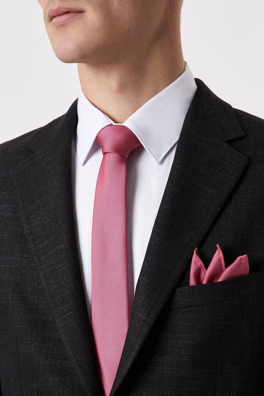 Coral Pink Tie And Pocket Square Set