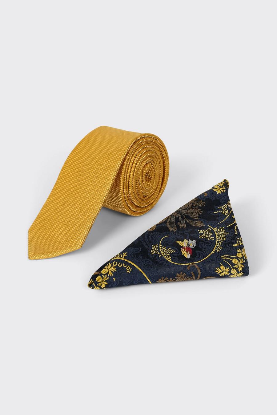 Mustard Tie With Blue Floral Pocket Square