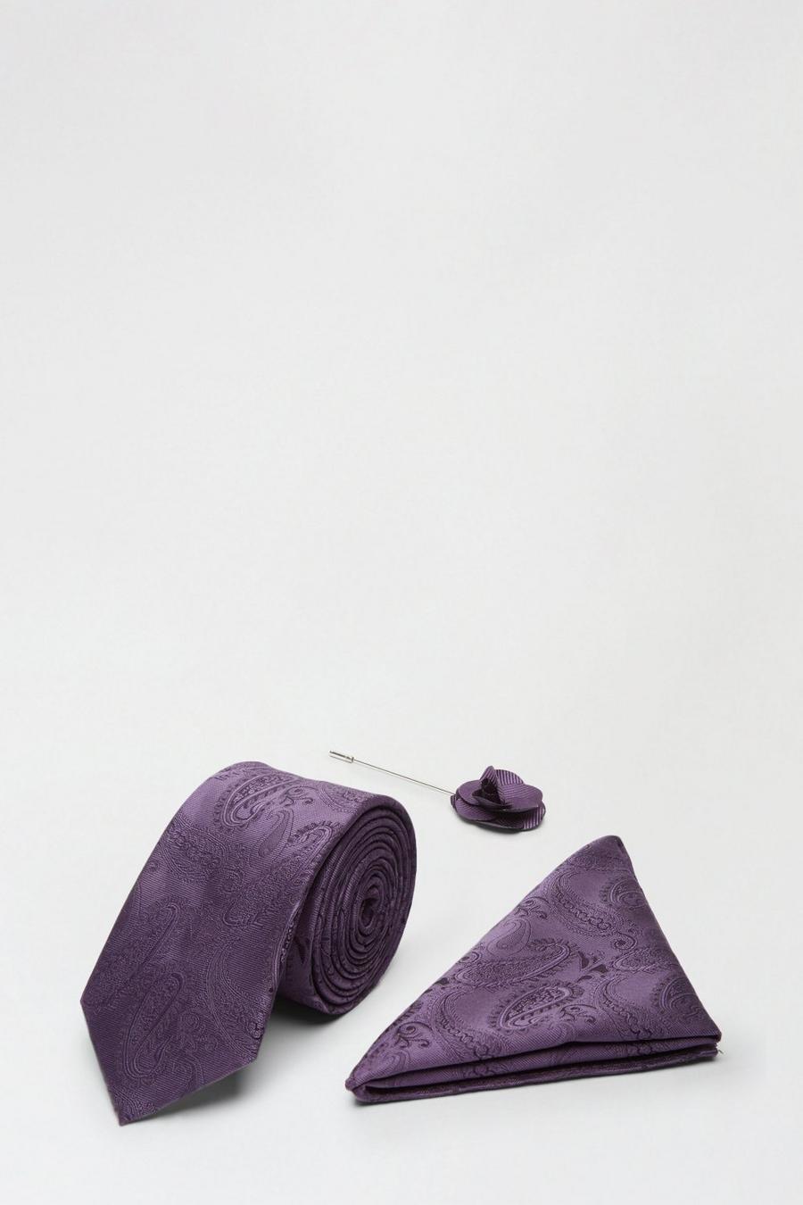Purple Wedding Paisley Tie Set With Lapel Pin