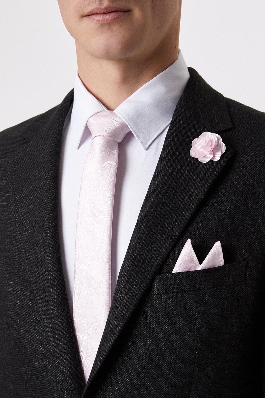 Baby pink Slim Pink Wedding Paisley Tie Set With Lapel Pin image number 1