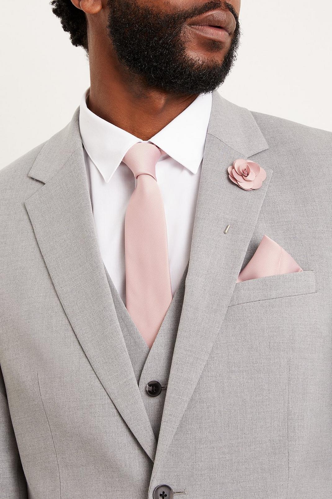 Pink Wedding Plain Tie Set With Matching Lapel Pin image number 1