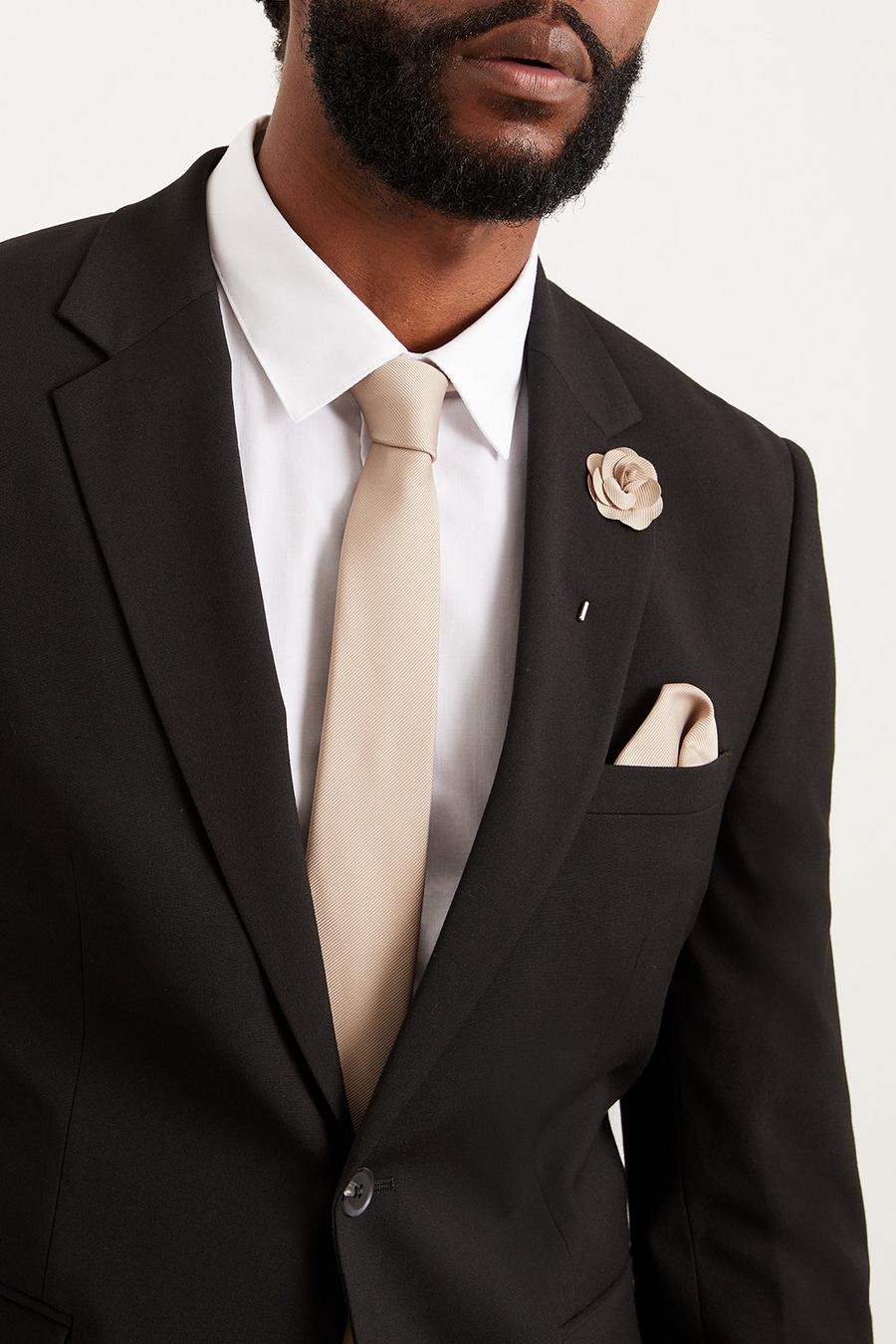 slim Champagne Wedding Plain Tie Set With Matching Lapel Pin