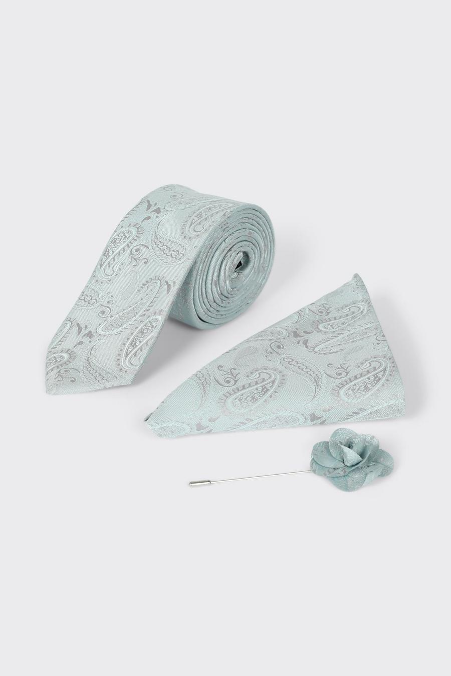 Slim Mint Wedding Paisley Tie Set With Lapel Pin