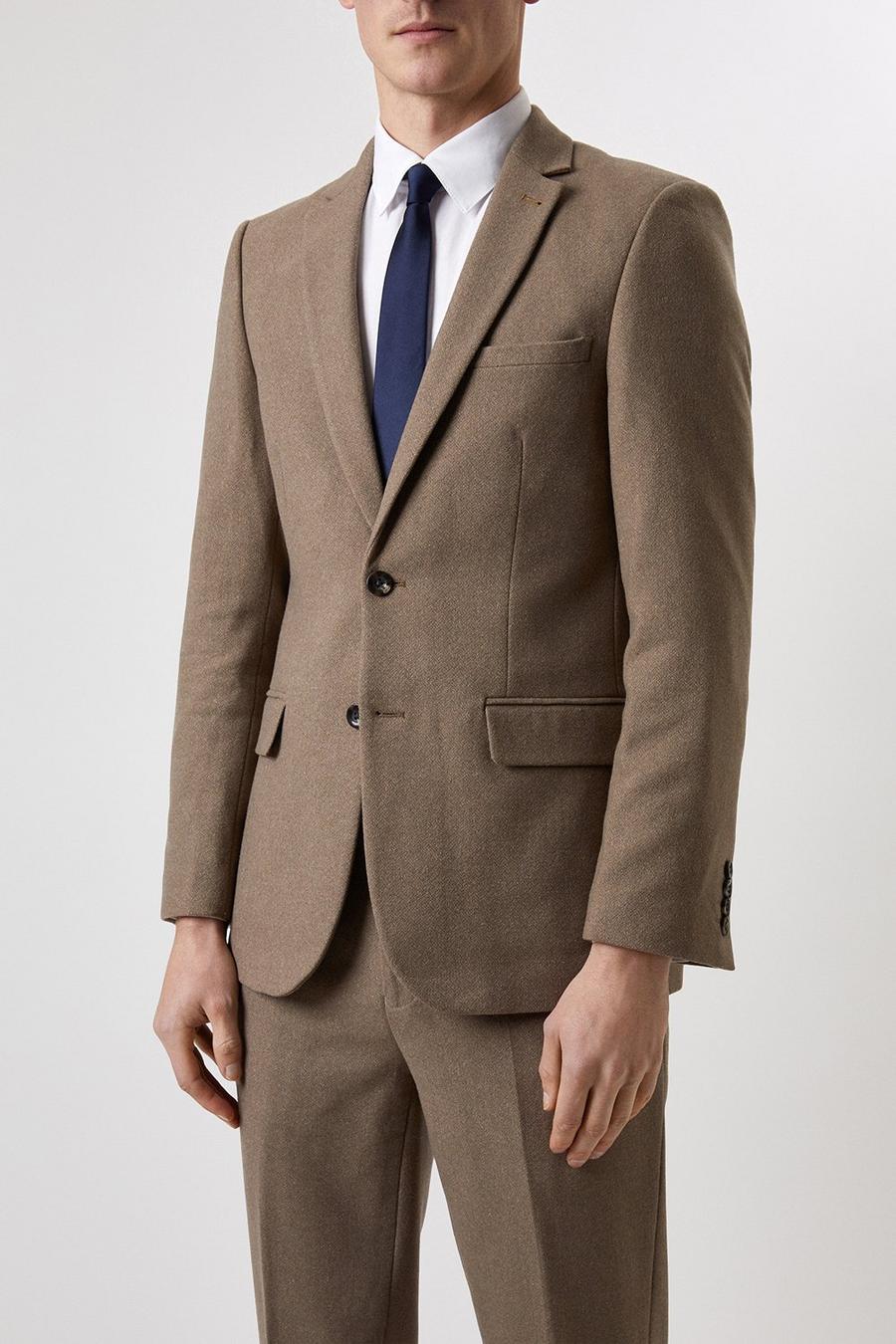 Slim Neutral Herringbone Tweed Suit Jacket