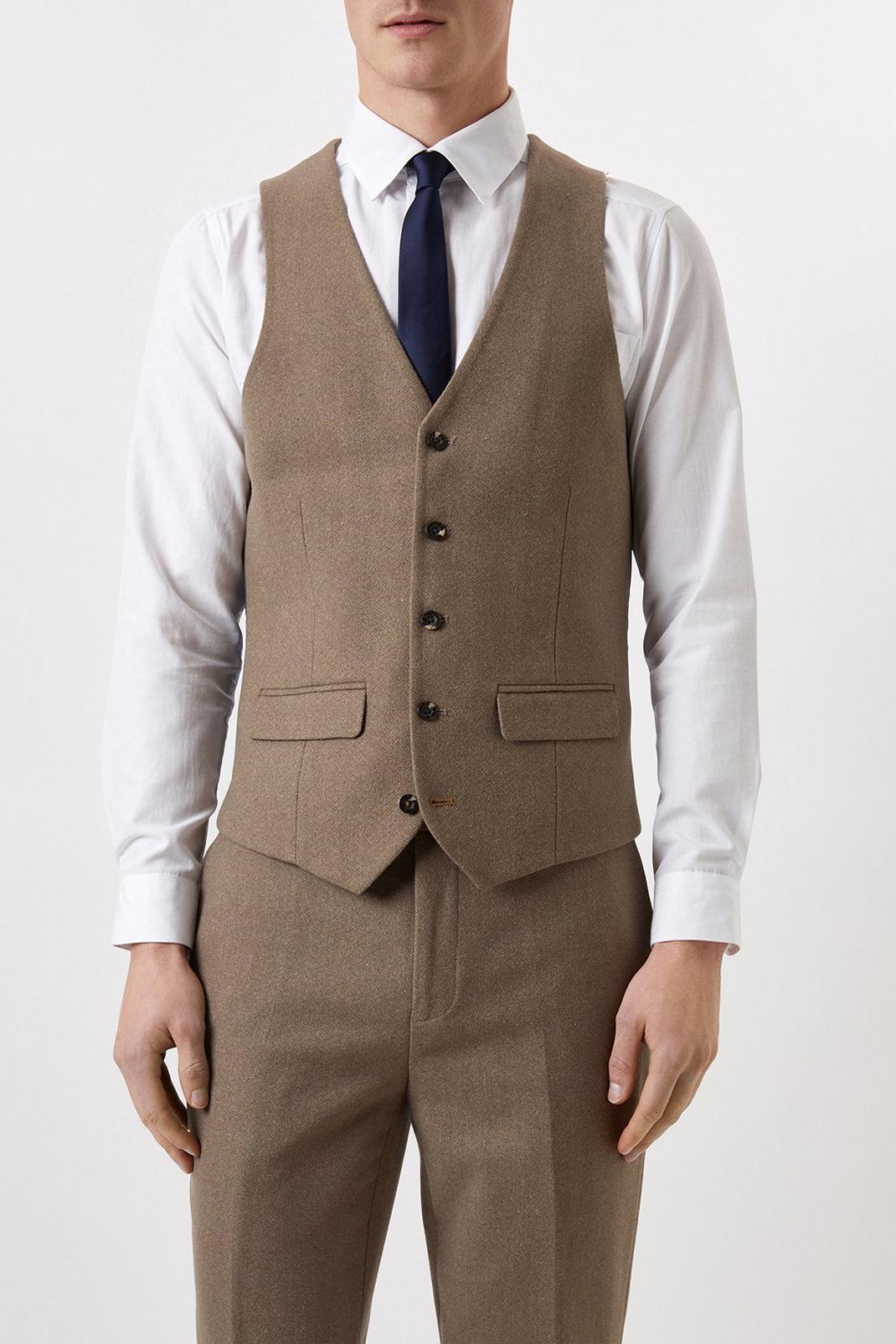 Slim Neutral Herringbone Tweed Suit Waistcoat image number 1