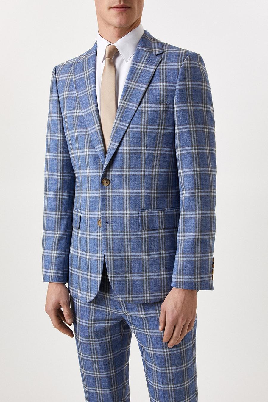 Slim Fit Light Blue Check Three-Piece Suit