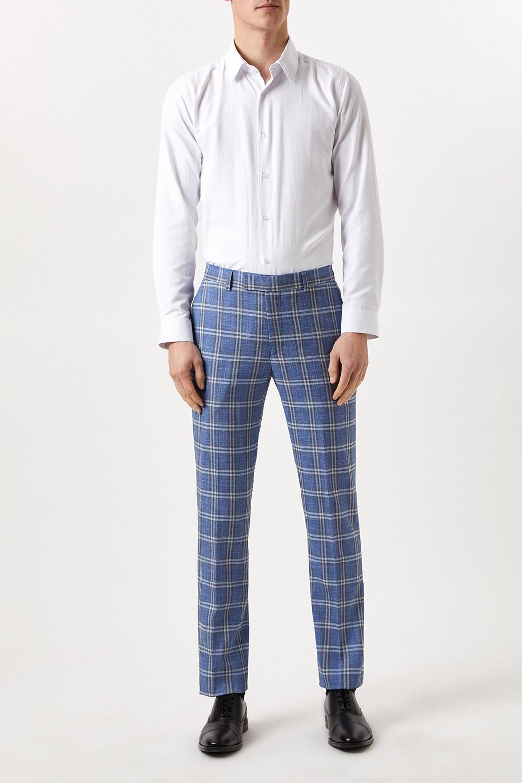 Navy Slim Fit Light Blue Check Suit Trousers image number 1