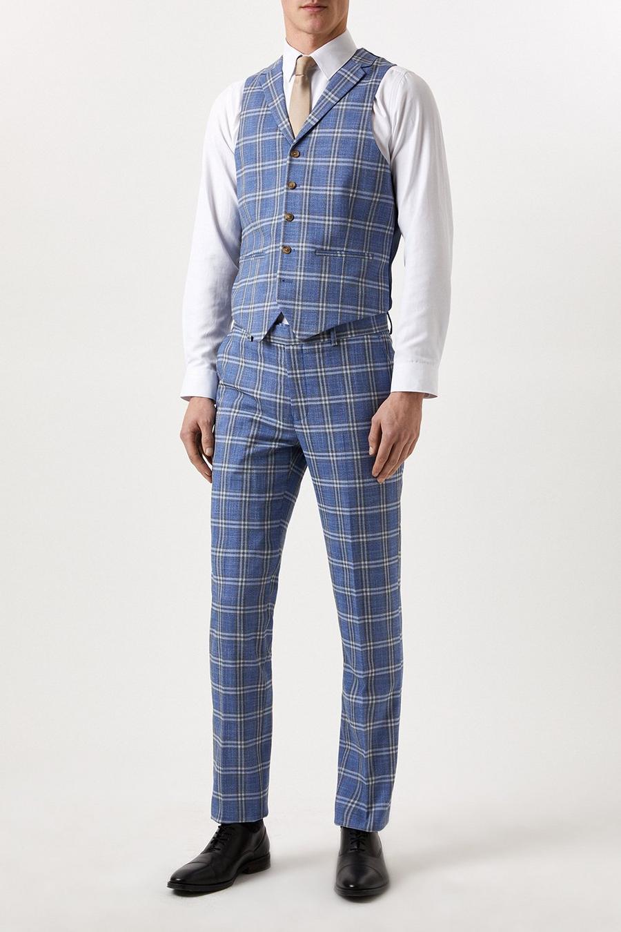 Harry Brown Slim Fit Light Blue Check Suit Waistcoat