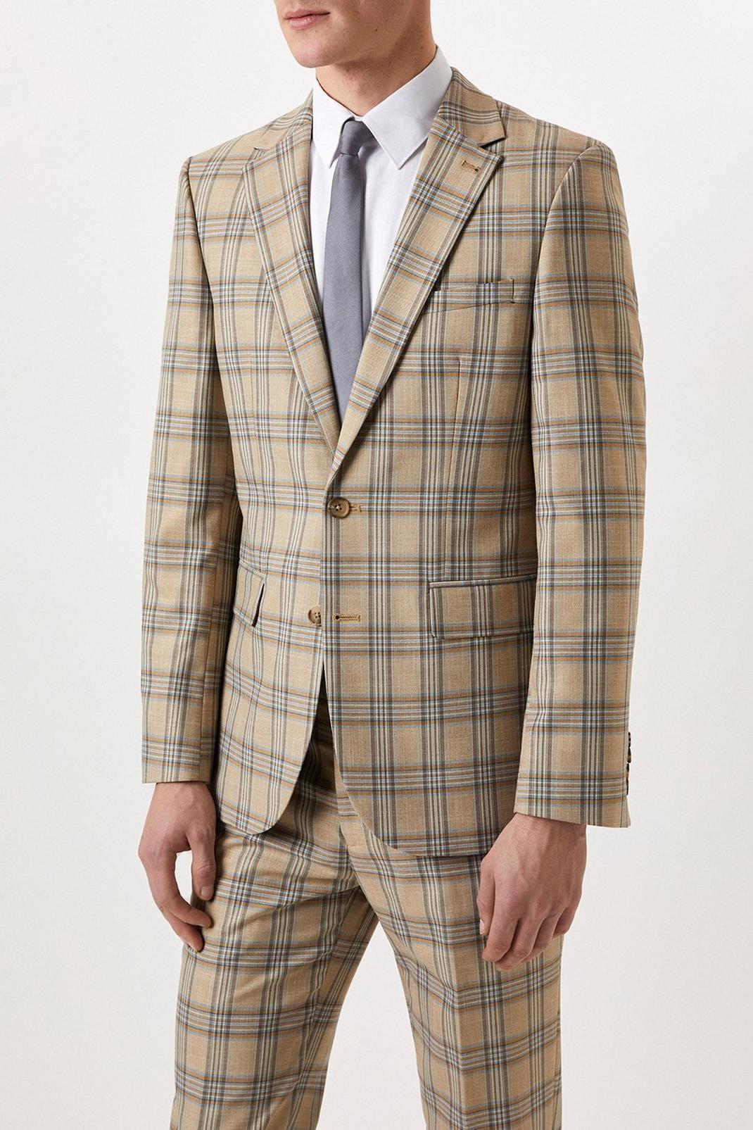 Slim Fit Neutral Highlight Check Suit Jacket image number 1