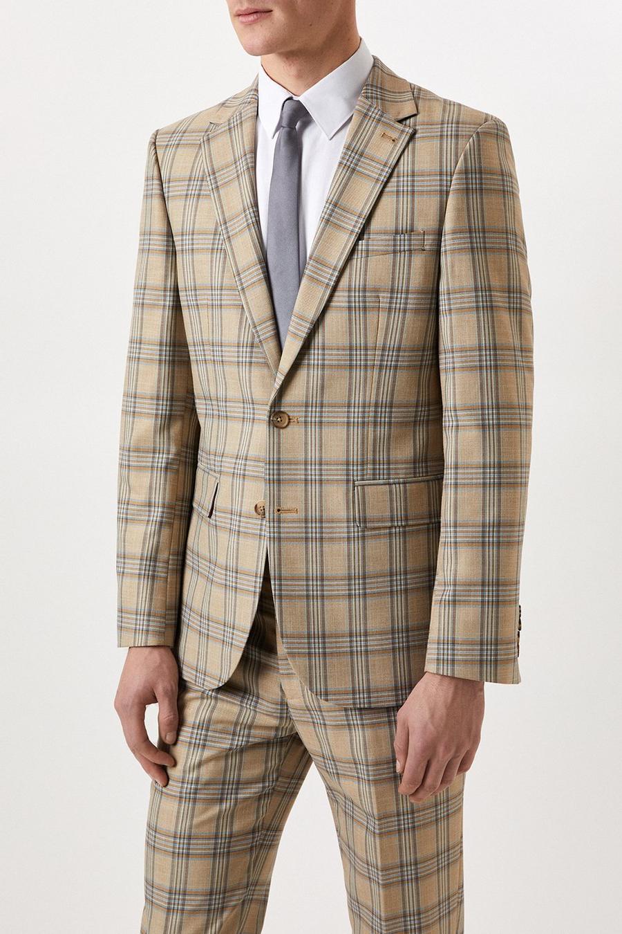 Slim Fit Neutral Highlight Check Suit Jacket