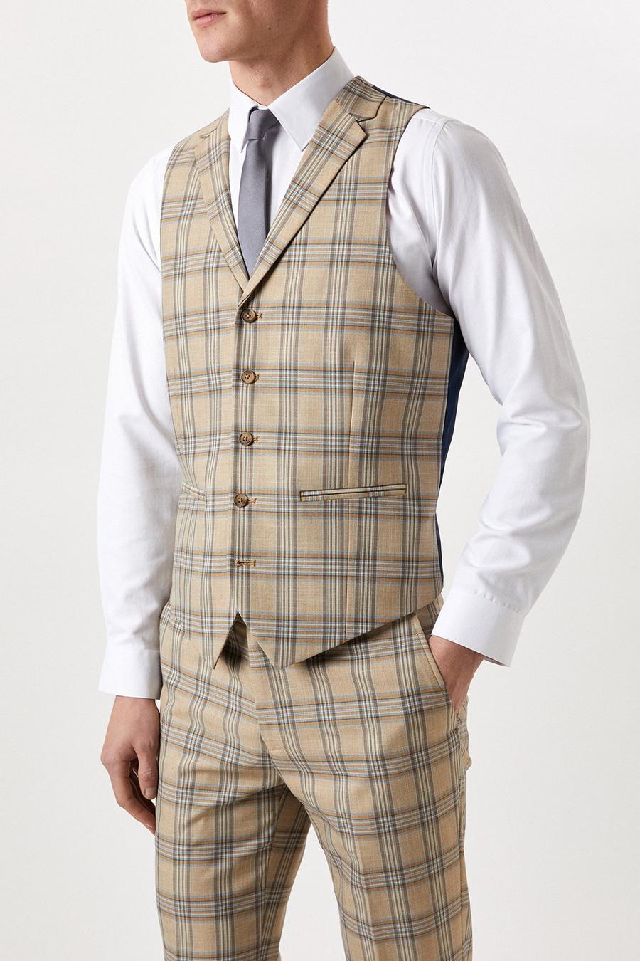 Slim Neutral Highlight Check Suit Waistcoat