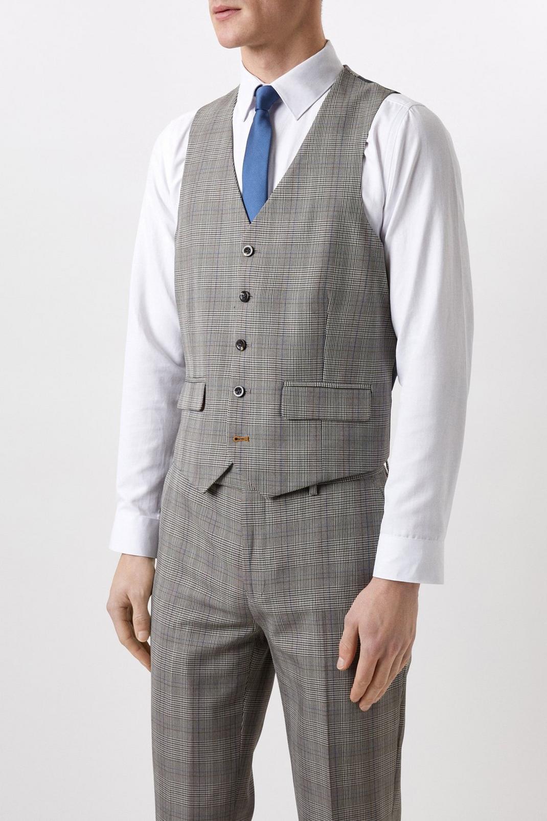 Slim Fit Neutral Check Suit Waistcoat image number 1
