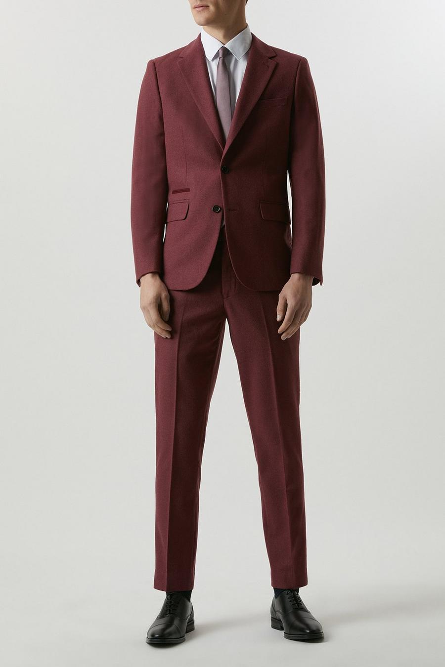 Slim Fit Burgundy Tweed Three - Piece Suit