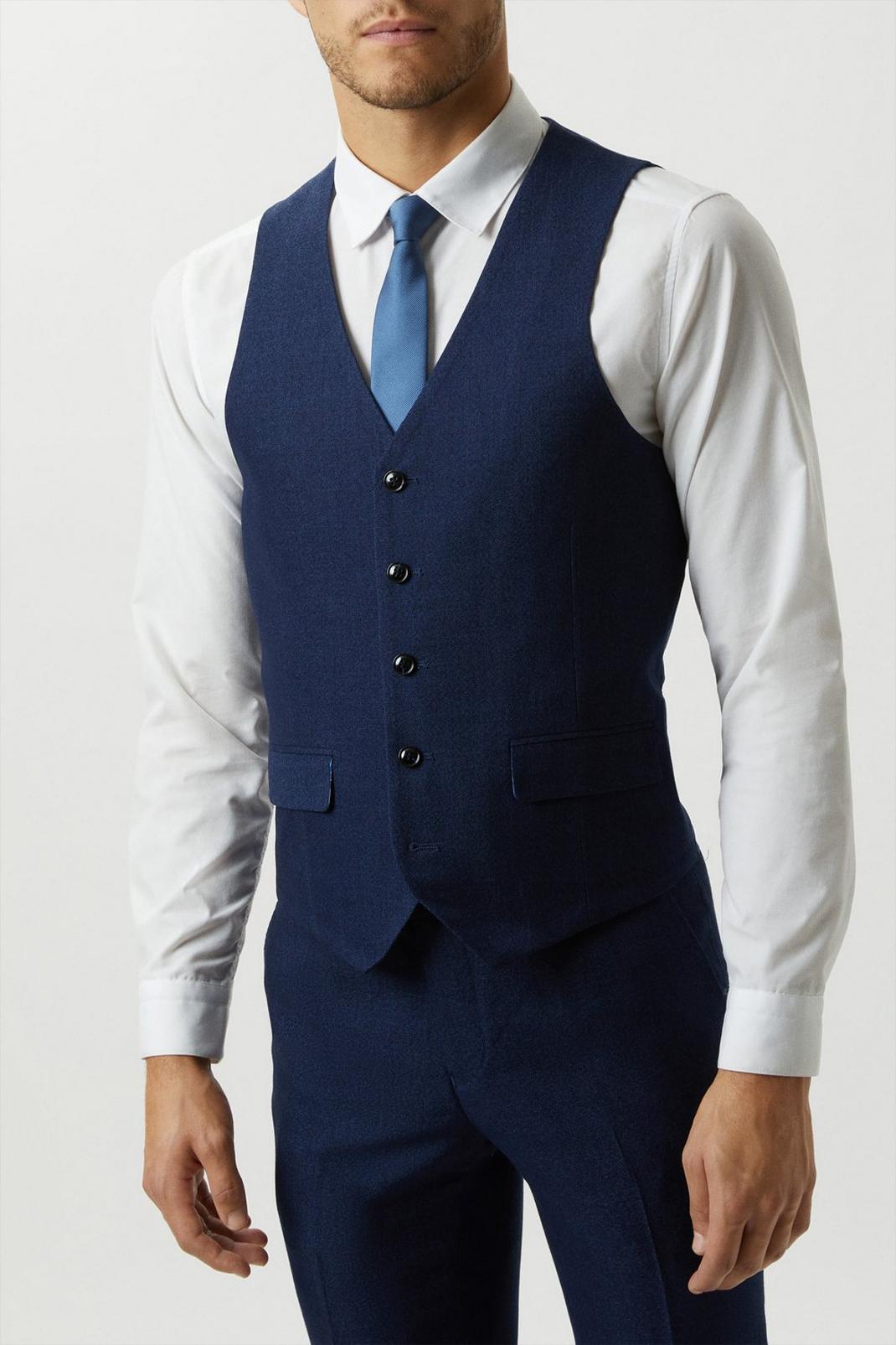 Navy Slim Fit Blue Semi Plain Suit Waistcoat image number 1