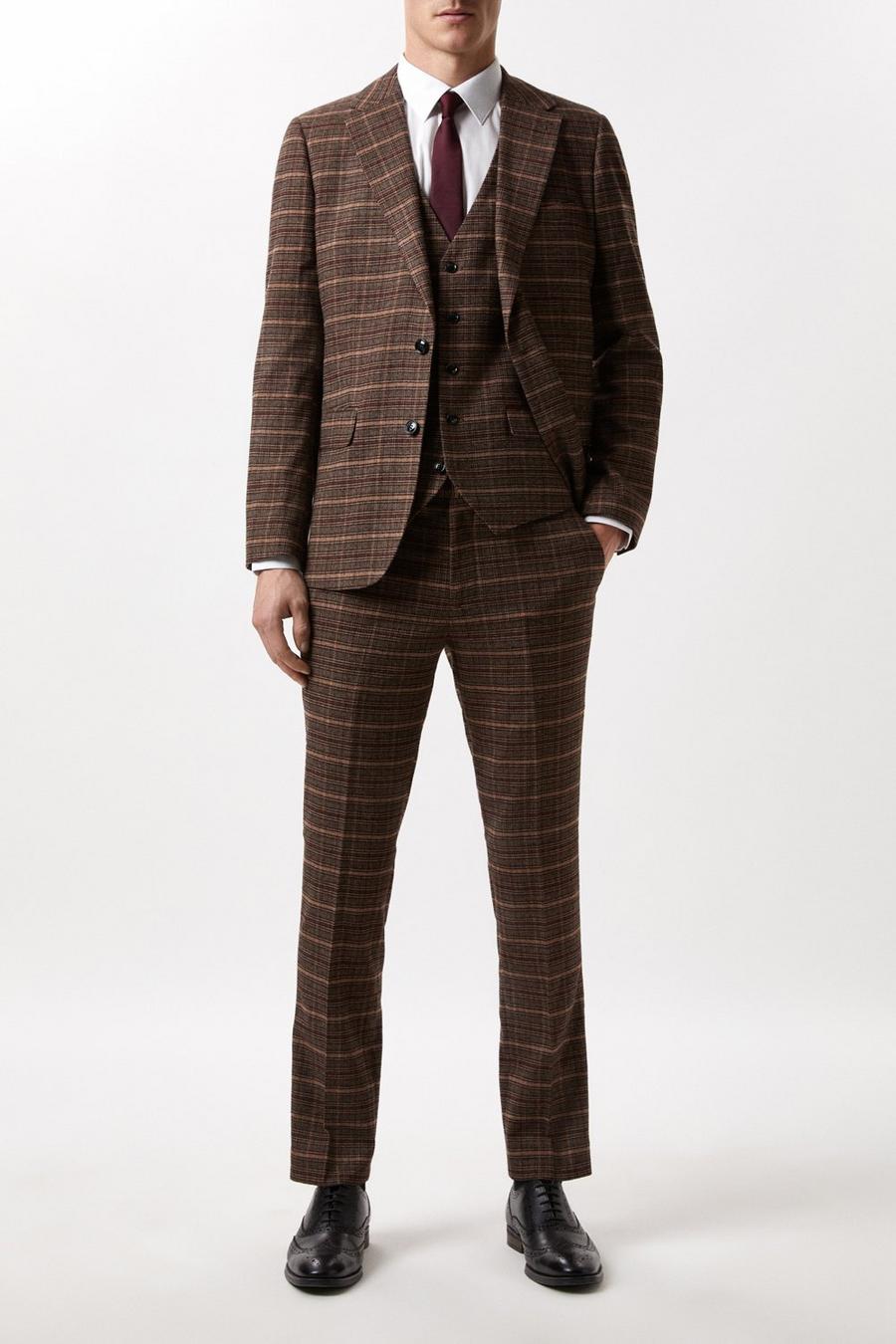 Slim Fit Brown Check Suit Waistcoat