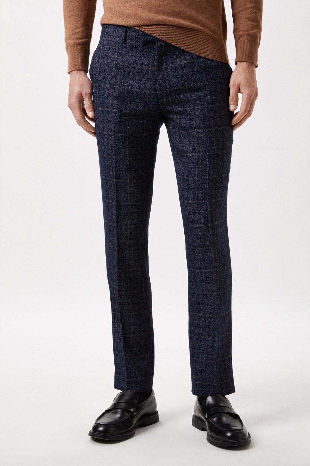 Slim Fit Blue Check Suit Trousers image number 1