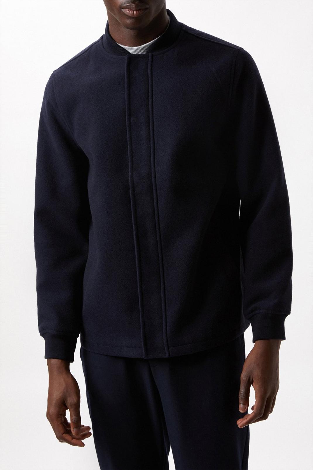 Navy Faux Wool Bomber Jacket image number 1