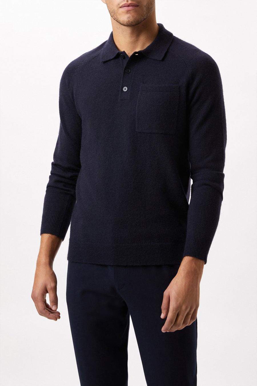 Super Soft Navy Knitted Pocket Raglan Polo Shirt