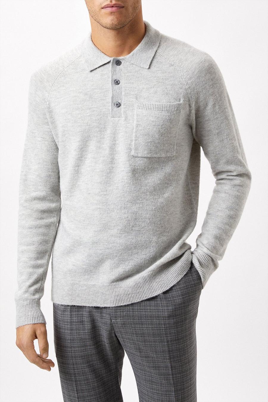 Super Soft Grey Pocket Raglan Knitted Polo Shirt