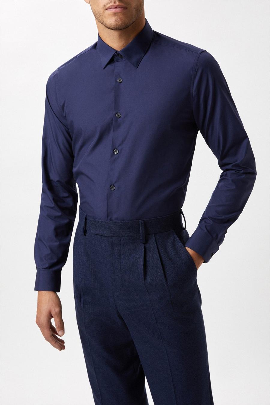 Navy Tailored Fit Long Sleeve Easy Iron Shirt
