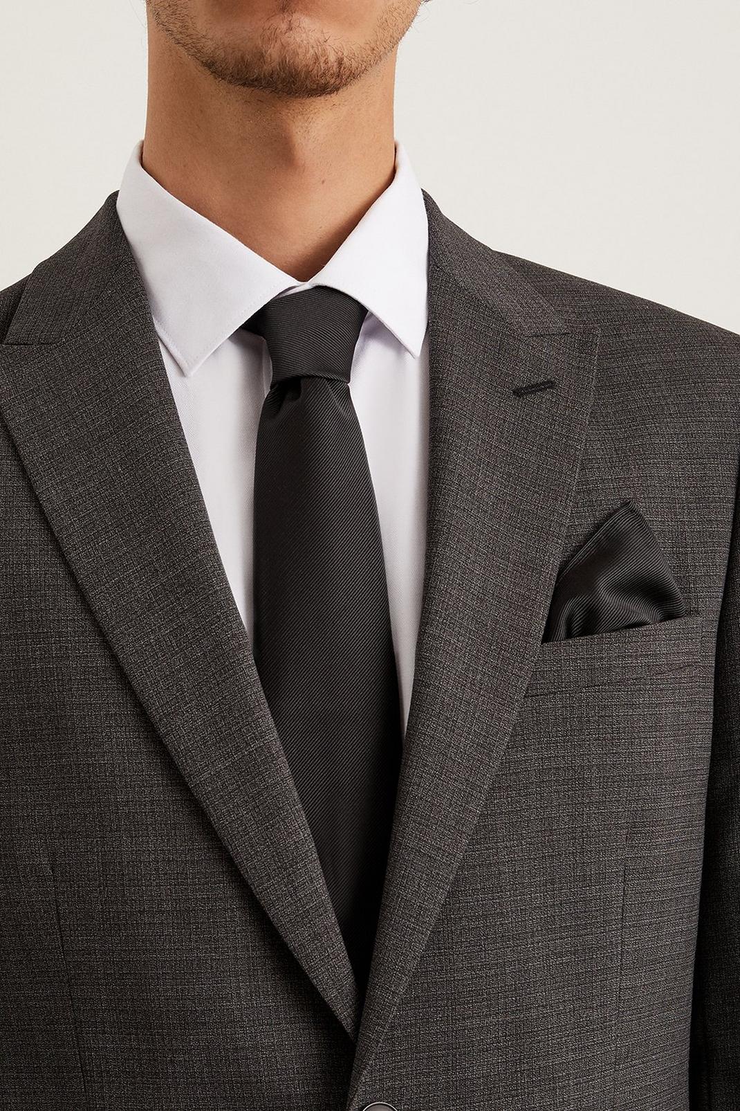 Longer Length Slim Black Tie And Pocket Square Set image number 1