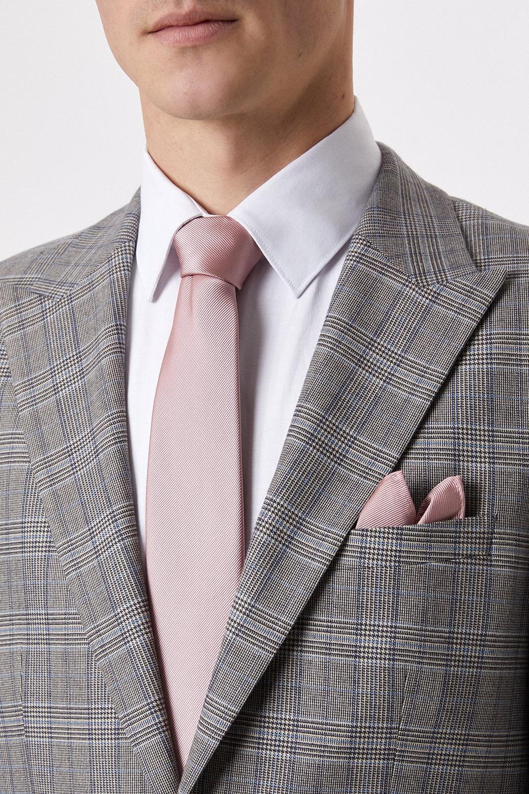 Dusty pink Longer Length Slim Rose Pink Tie And Pocket Square Set image number 1