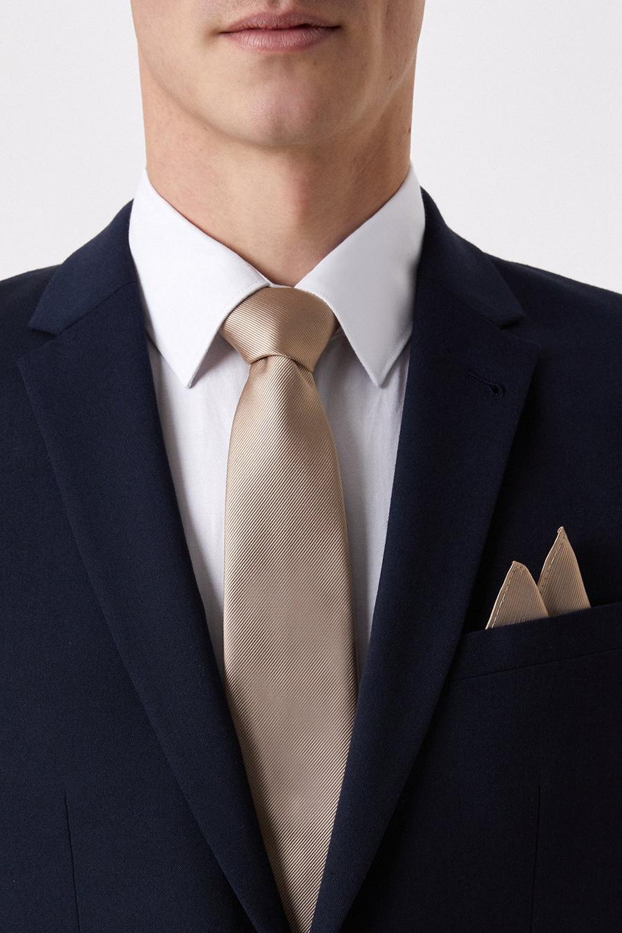 Longer Length Slim Champagne Tie And Pocket Square Set